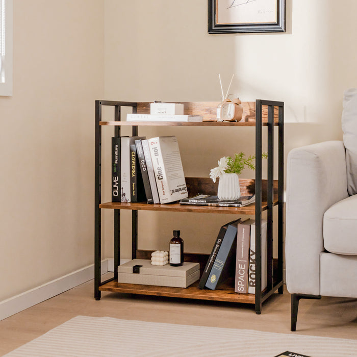 3-Tier Corner Bookcase with Adjustable Shelves and Metal Frame-Rustic Brown