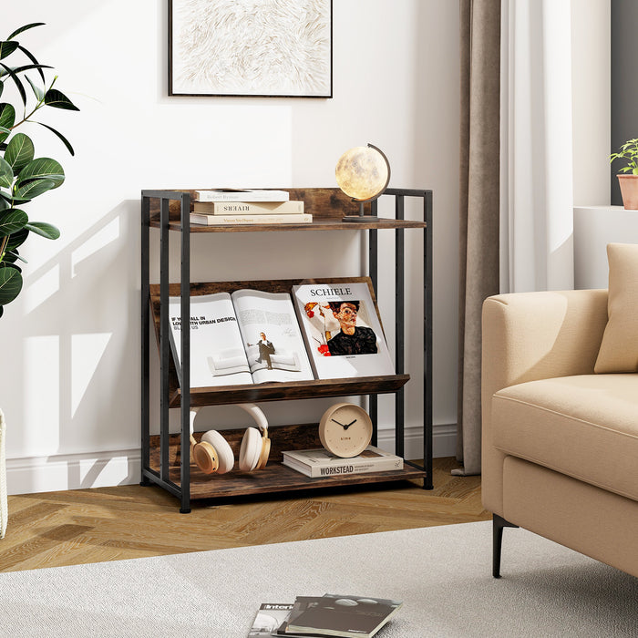 3-Tier Corner Bookcase with Adjustable Shelves and Metal Frame-Rustic Brown