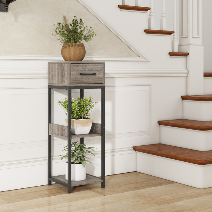 3 Tier Tall Plant Stand with Drawer Anti-tipping Devices-Gray