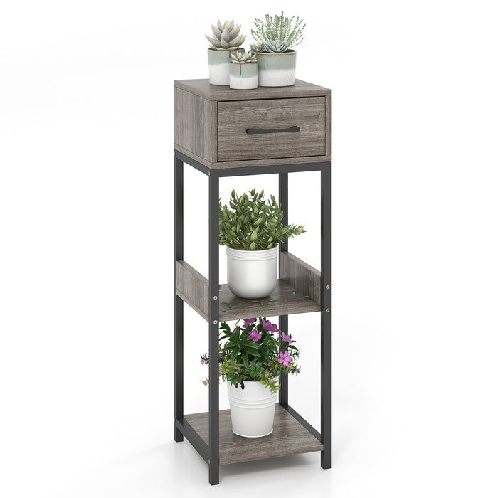 3 Tier Tall Plant Stand with Drawer Anti-tipping Devices-Gray