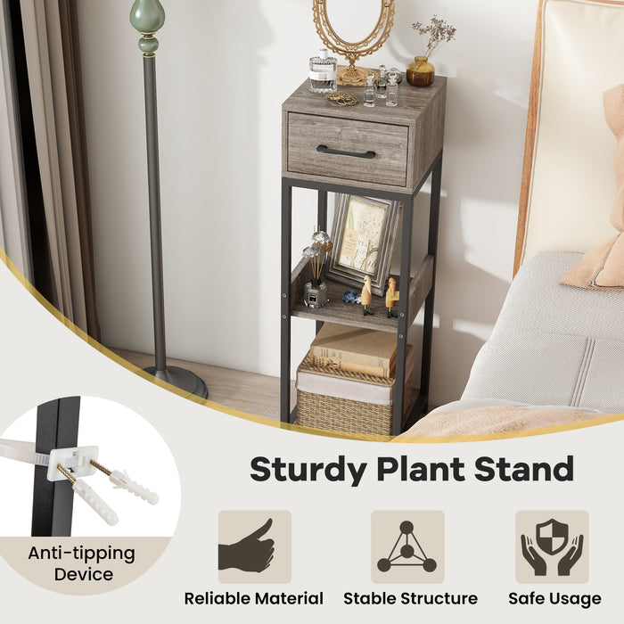 3 Tier Tall Plant Stand with Drawer Anti-tipping Devices-Gray