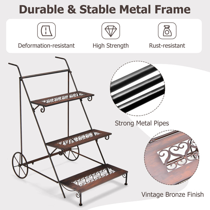 3-Tier Metal Plant Stand with Wheels and Handle for Balcony