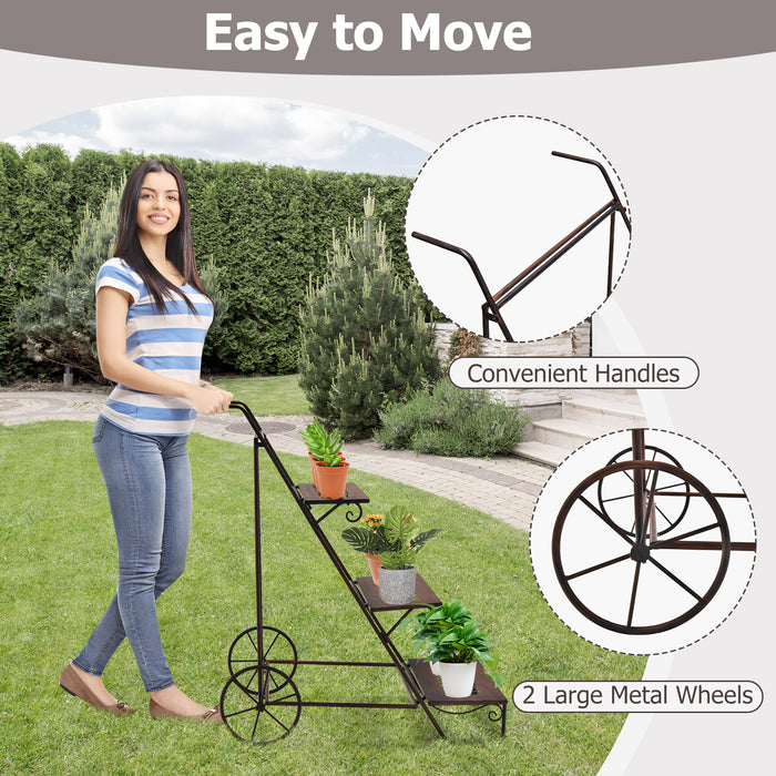 3-Tier Metal Plant Stand with Wheels and Handle for Balcony