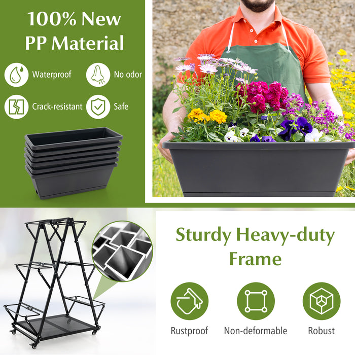 3-Tier Vertical Raised Garden Bed with 4 Wheels and 6 Container Boxes-Black