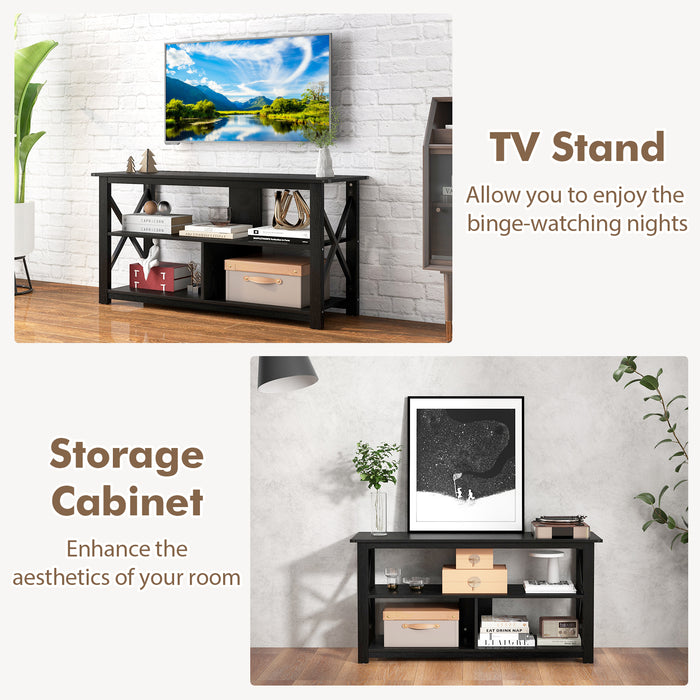 3 Tier Wood TV Stand for 55-Inch with Open Shelves and X-Shaped Frame-Black