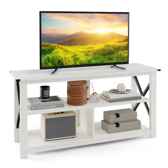 3 Tier Wood TV Stand for 55-Inch with Open Shelves and X-Shaped Frame-White