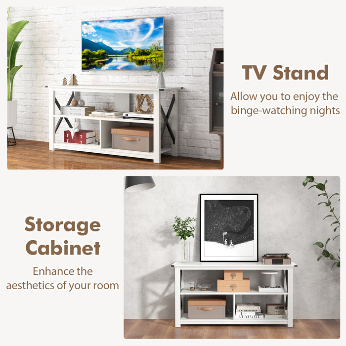 3 Tier Wood TV Stand for 55-Inch with Open Shelves and X-Shaped Frame-White