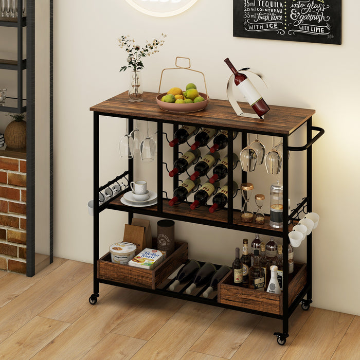 3 Tiers Bar Cart on Wheels with Glass Racks-Rustic Brown