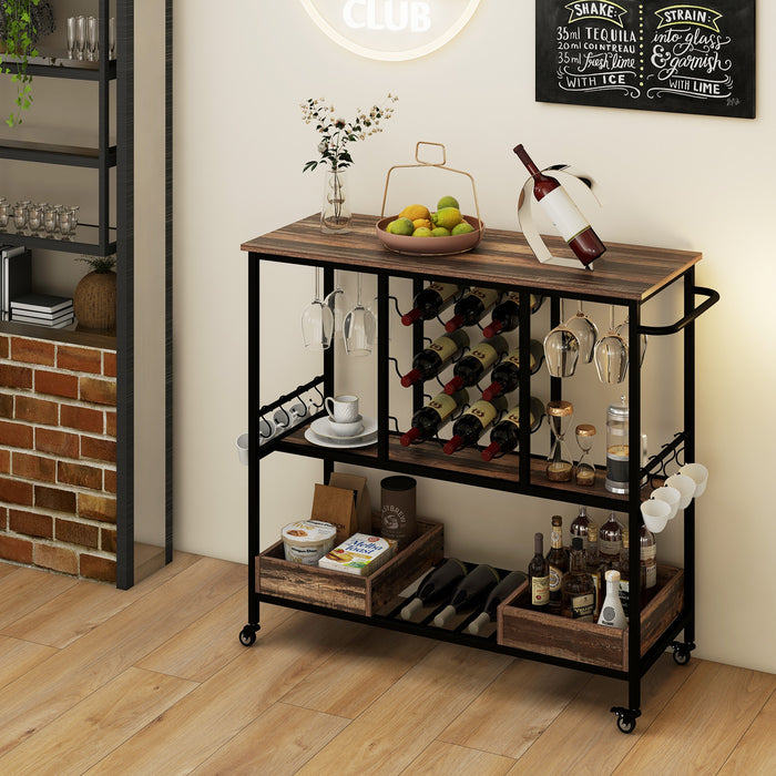 3 Tiers Bar Cart on Wheels with Glass Racks-Brown