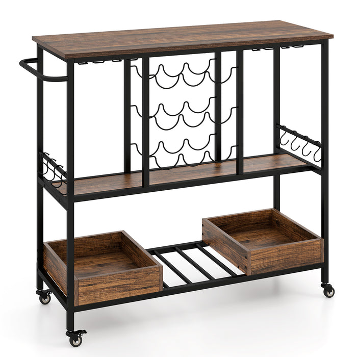 3 Tiers Bar Cart on Wheels with Glass Racks-Rustic Brown