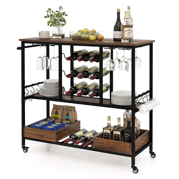 3 Tiers Bar Cart on Wheels with Glass Racks-Rustic Brown