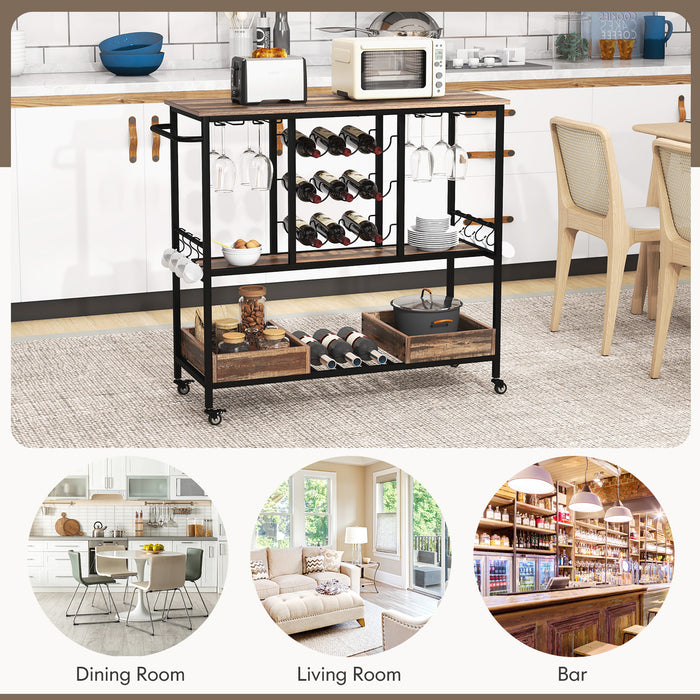 3 Tiers Bar Cart on Wheels with Glass Racks-Brown