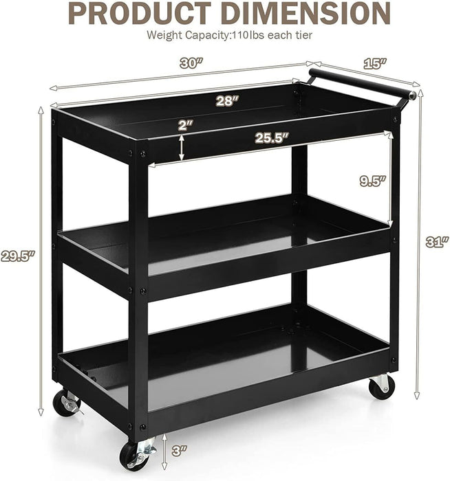 3-Tier Utility Cart Metal Mental Storage Service Trolley-Black