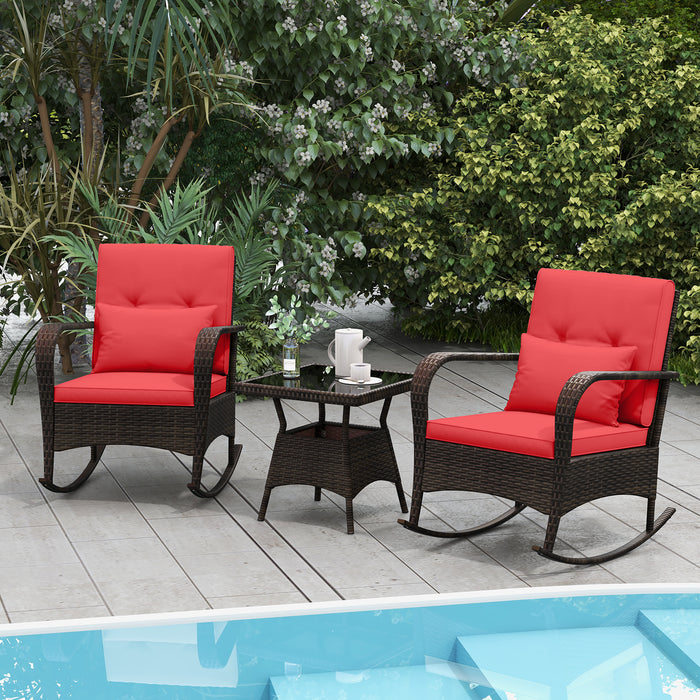 3 Pieces Outdoor Rocking Set with Tempered Glass Coffee Table for Backyard Poolside-Red