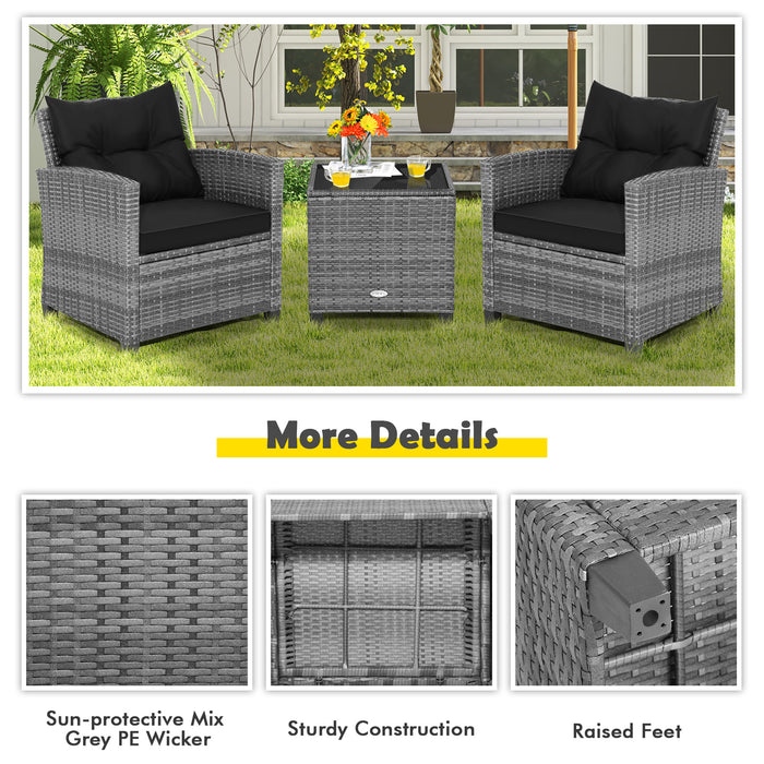 3 Pieces Outdoor Wicker Conversation Set with Tempered Glass Tabletop-Black