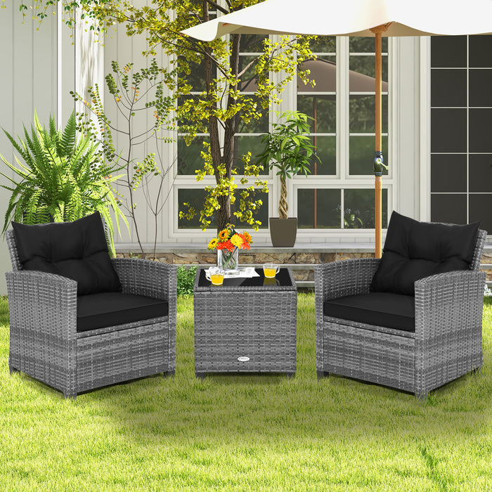 3 Pieces Outdoor Wicker Conversation Set with Tempered Glass Tabletop-Black