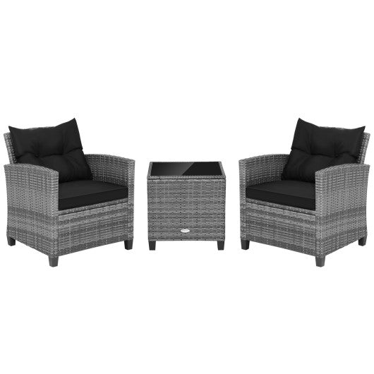 3 Pieces Outdoor Wicker Conversation Set with Tempered Glass Tabletop-Black