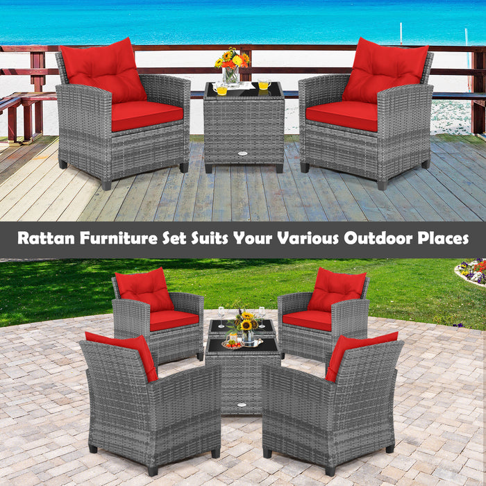 3 Pieces Outdoor Wicker Conversation Set with Tempered Glass Tabletop-Red