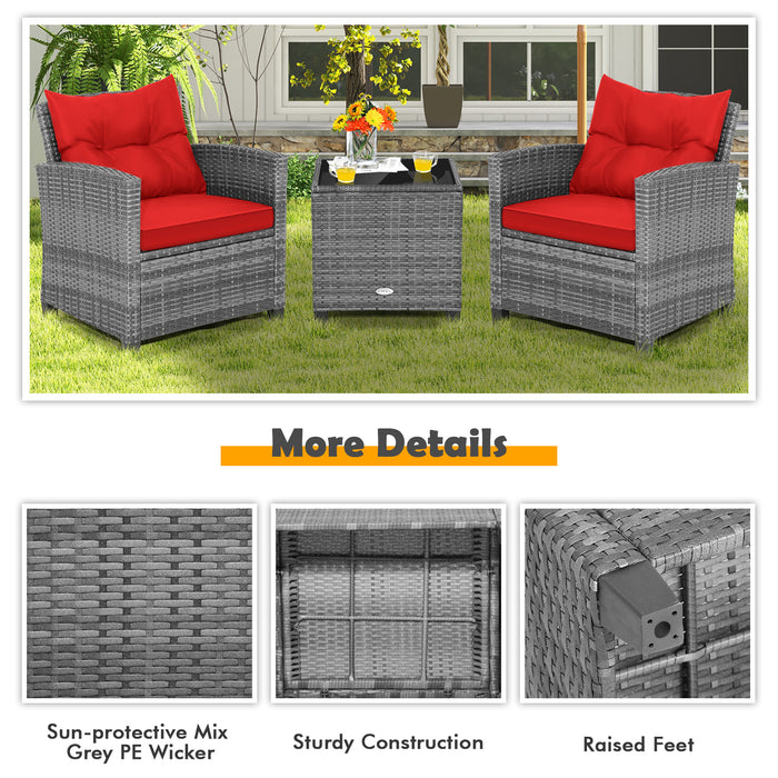 3 Pieces Outdoor Wicker Conversation Set with Tempered Glass Tabletop-Red