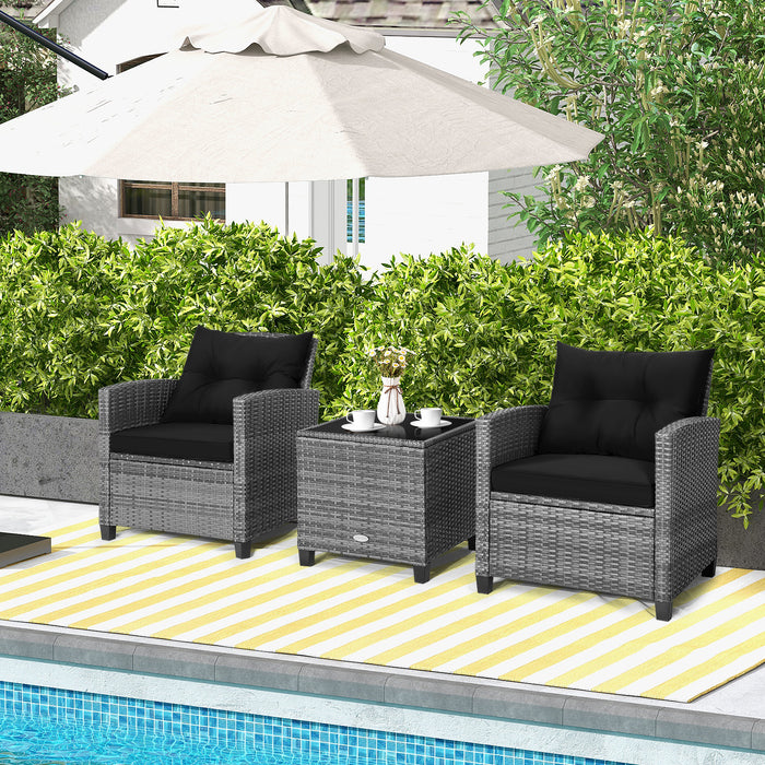 3 Pieces Outdoor Wicker Conversation Set with Tempered Glass Tabletop-Black