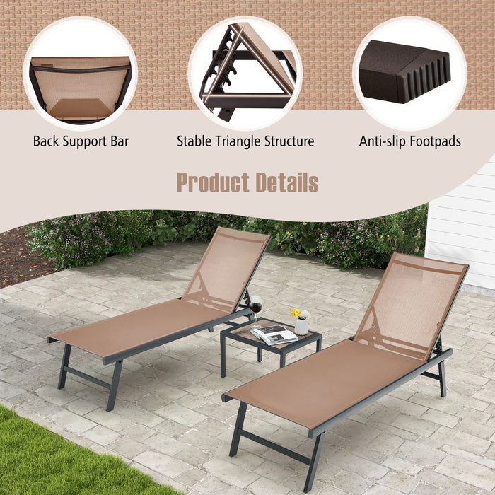 3 Pieces Patio Chaise Lounge Chair and Table Set for Poolside Yard-Brown