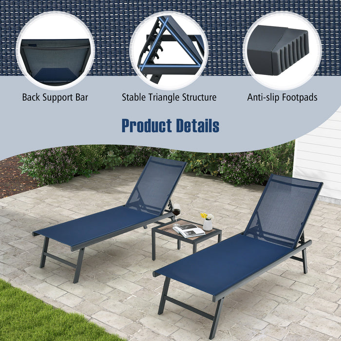 3 Pieces Patio Chaise Lounge Chair and Table Set for Poolside Yard-Navy