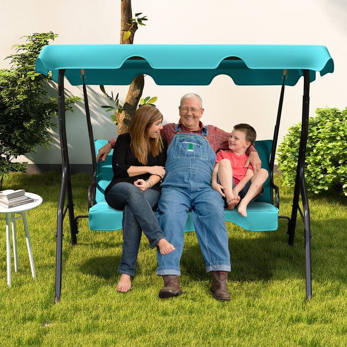 3 Seat Outdoor Patio Canopy Swing with Cushioned Steel Frame-Blue