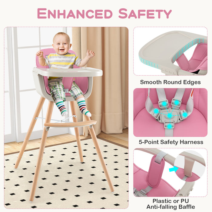 3-in-1 Convertible Wooden High Chair with Cushion-Pink