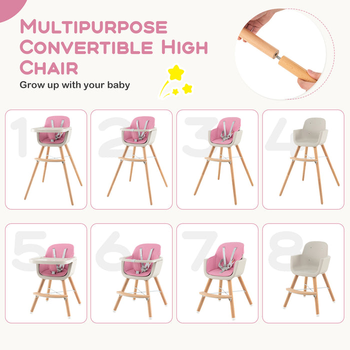 3-in-1 Convertible Wooden High Chair with Cushion-Pink