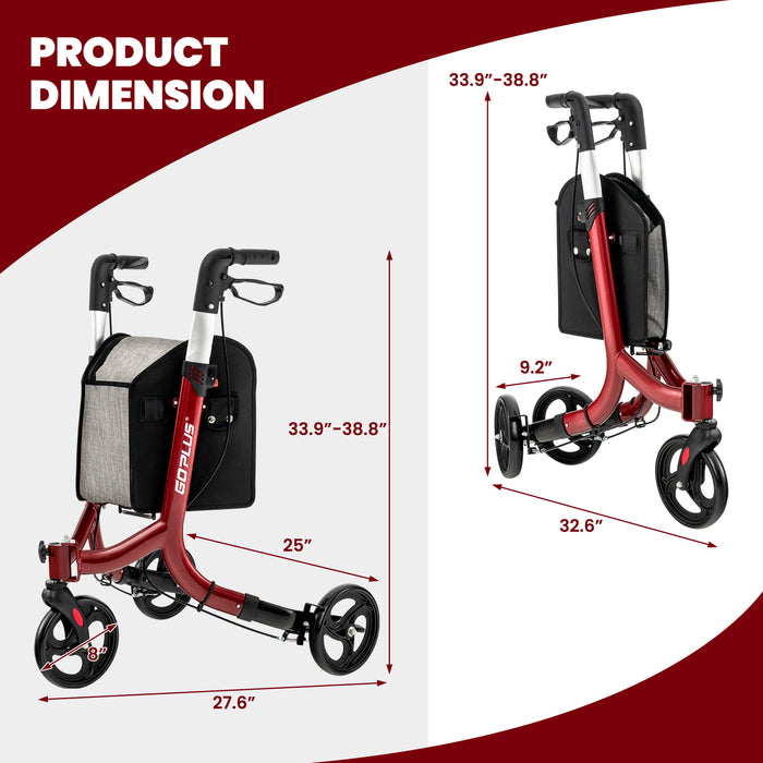 3-Wheel Rolling Walker with Adjustable Handle-Red