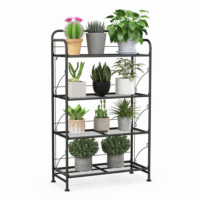 4-Tier Folding Plant Stand with Adjustable Shelf and Feet-Black