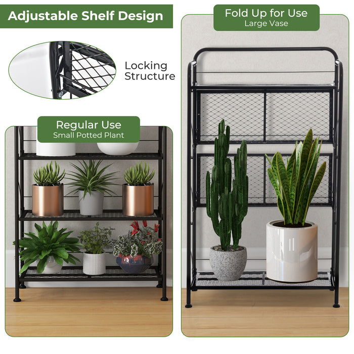 4-Tier Folding Plant Stand with Adjustable Shelf and Feet-Black