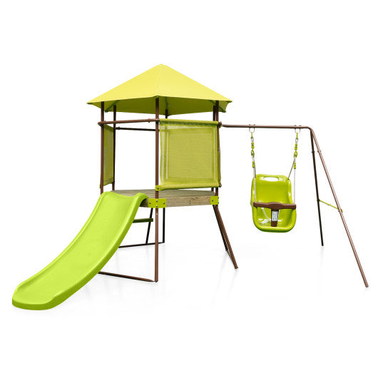 4-in-1 Swing Set with Covered Playhouse Fort and Height Adjustable Baby Seat-Green