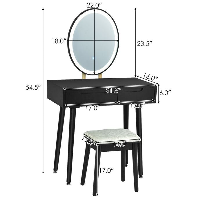 Touch Screen Vanity Makeup Table Stool Set with Lighted Mirror-Black