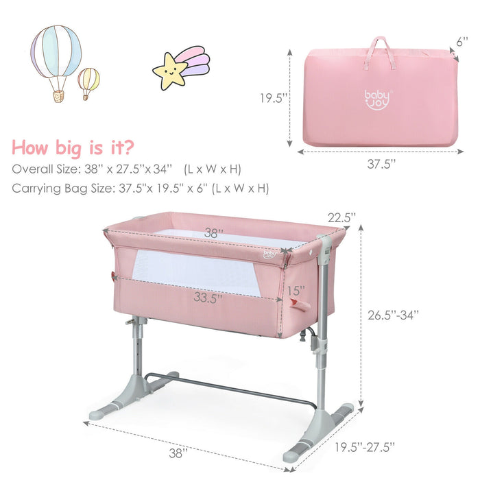 Travel Portable Baby Bed Side Sleeper  Bassinet Crib with Carrying Bag-Pink