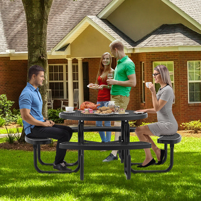 45 Inches Outdoor Round Picnic Table and Bench Set for 8 with Umbrella Hole-Black