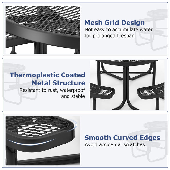 45 Inches Outdoor Round Picnic Table and Bench Set for 8 with Umbrella Hole-Black