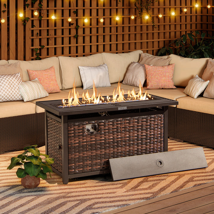 45 Inch Propane Rattan Firepit Table with Glass Stones and Protective Cover-Mixed Brown