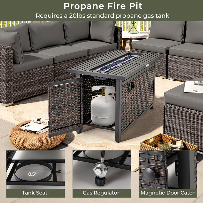 45 Inch Propane Rattan Firepit Table with Glass Stones and Protective Cover-Mixed Brown