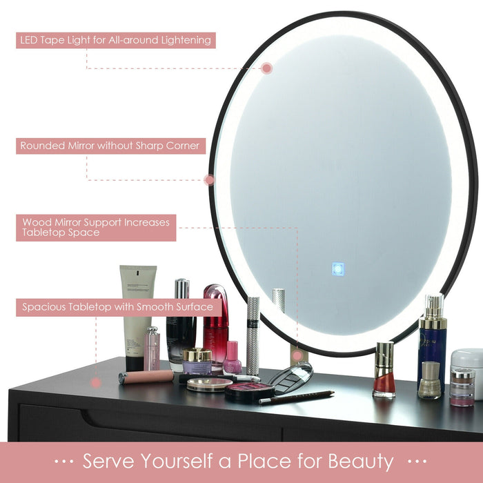 Touch Screen Vanity Makeup Table Stool Set with Lighted Mirror-Black