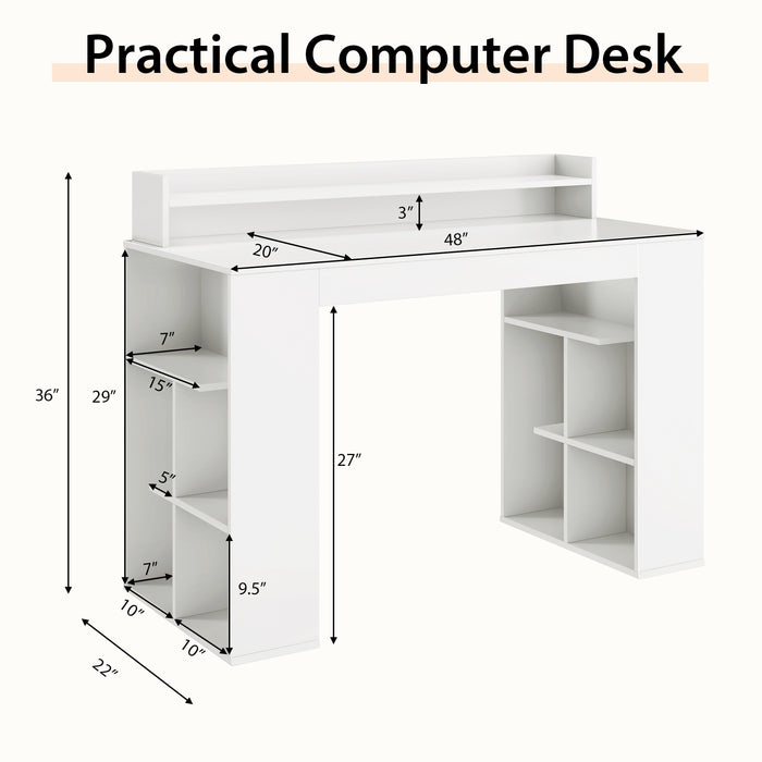 Computer Desk with Dual 3-Tier Bookshelf and Monitor Shelf-White