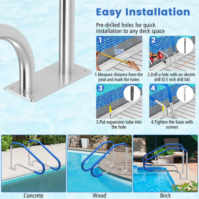 48 x 34 Inch Swimming Pool Handrail 316 Stainless Steel Pool Stair Rail with Grip Cover