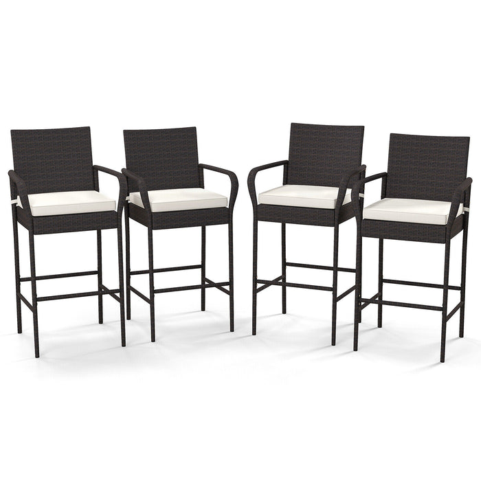 2/4 Pieces Outdoor PE Rattan Cushioned Barstool Set with Armrests-Set of 4