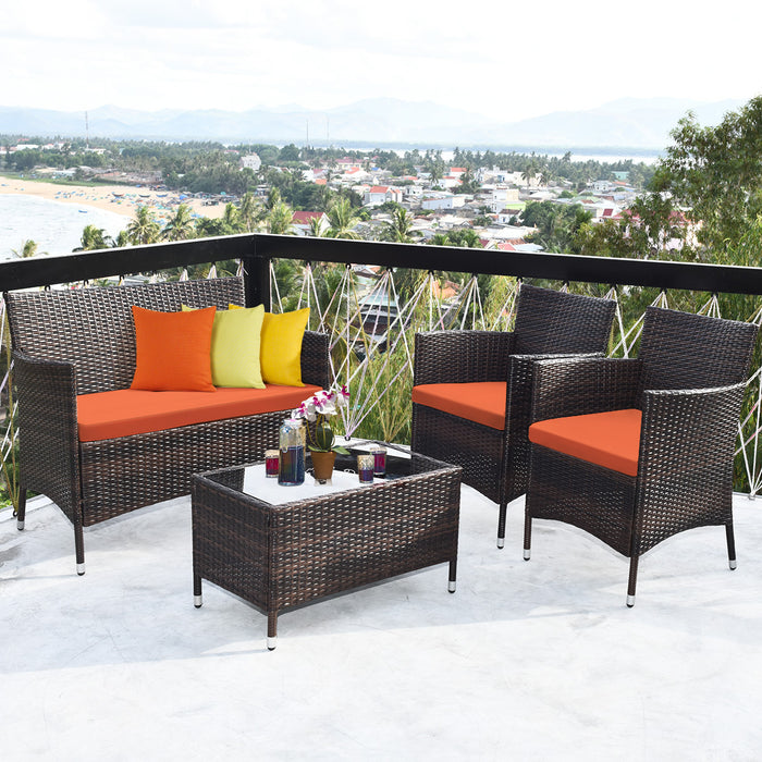 4 Pieces Comfortable Outdoor Rattan Sofa Set with Glass Coffee Table-Orange