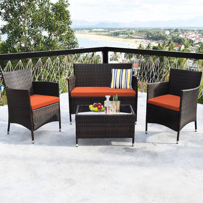 4 Pieces Comfortable Outdoor Rattan Sofa Set with Glass Coffee Table-Orange