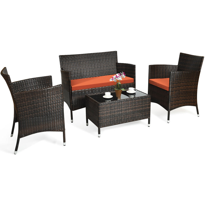 4 Pieces Comfortable Outdoor Rattan Sofa Set with Glass Coffee Table-Orange