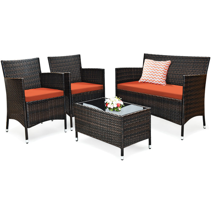 4 Pieces Comfortable Outdoor Rattan Sofa Set with Glass Coffee Table-Orange