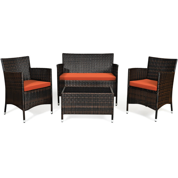 4 Pieces Comfortable Outdoor Rattan Sofa Set with Glass Coffee Table-Orange