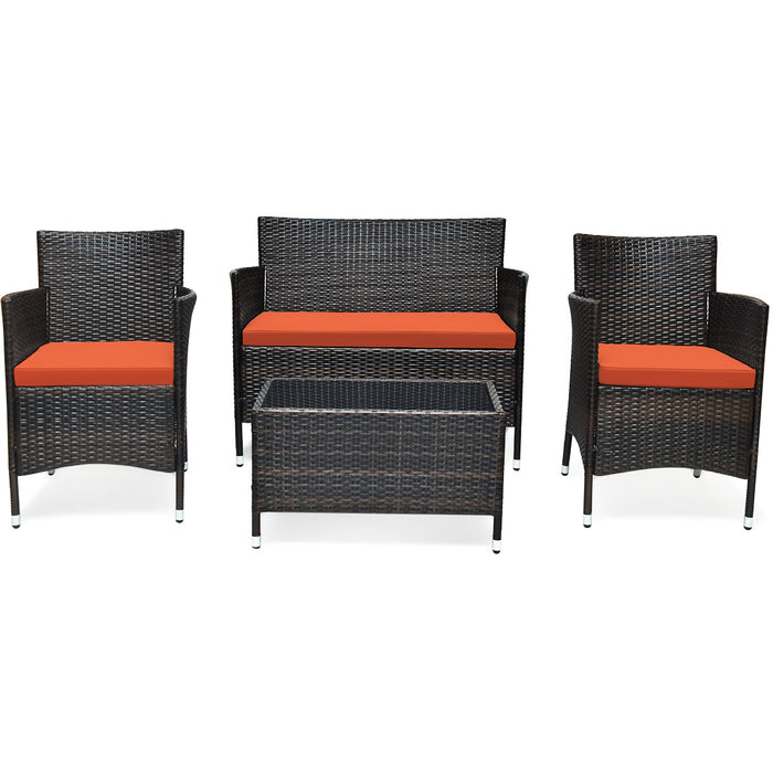 4 Pieces Comfortable Outdoor Rattan Sofa Set with Glass Coffee Table-Orange