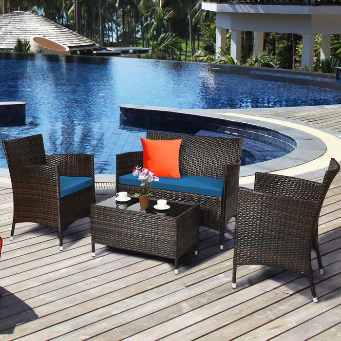 4 Pieces Comfortable Outdoor Rattan Sofa Set with Glass Coffee Table-Peacock Blue